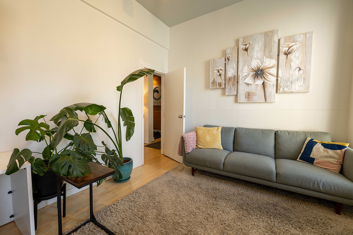 A cozy therapy room setup in Toronto, featuring a gray couch with colorful pillows, a large shaggy rug, and vibrant green plants, ideal for family therapy sessions.<br />
